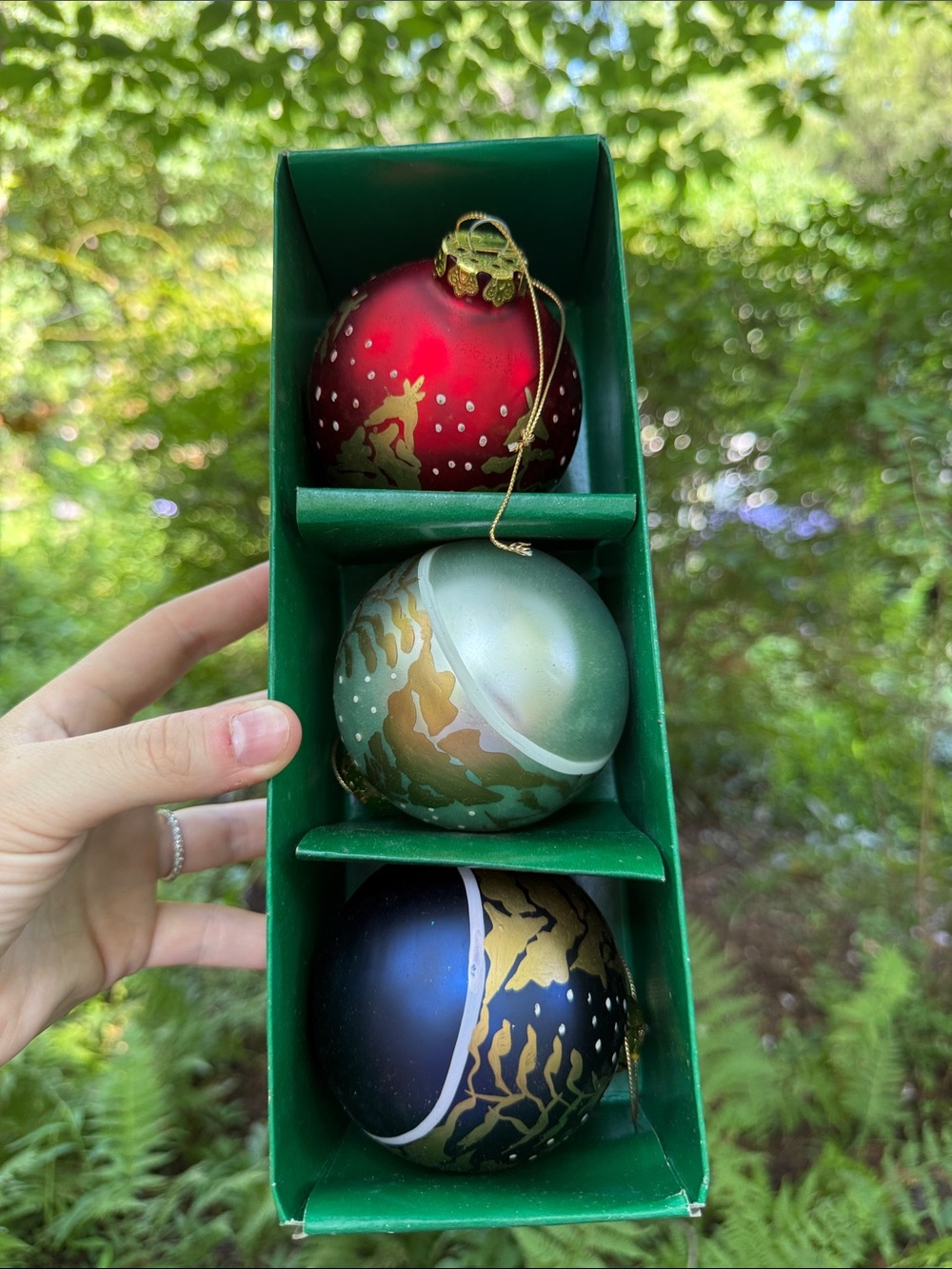 Dansk Red, Green, and Black Hand-Painted Glass Ornament Set